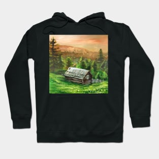 western country farm landscape pine tree old fence mountain rustic log cabin Hoodie